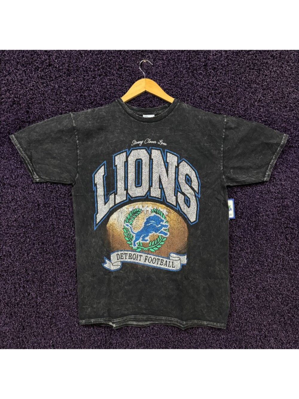 Detroit Lions Mineral Wash Stoney Clover Glitter Logo T-Shirt Size Large